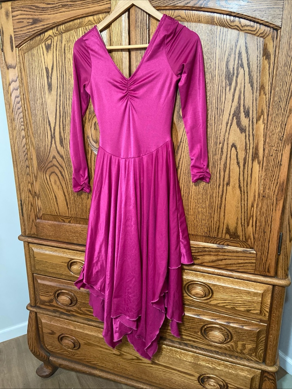 Girls Large Pink Figure Skating Dance Fuchsia Long-Sleeve Asymmetrical Hem Dress